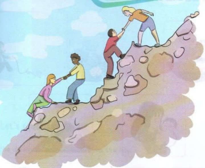 Four children helping each other to climb a mountain